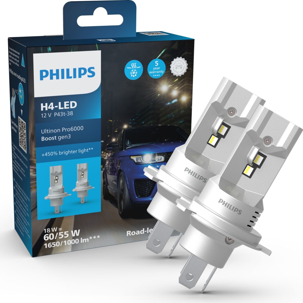 LED H4 12V/24 18W Ultinon Pro6000 Boost Gen3 +450% mit Straßenzul. 2St. Philips