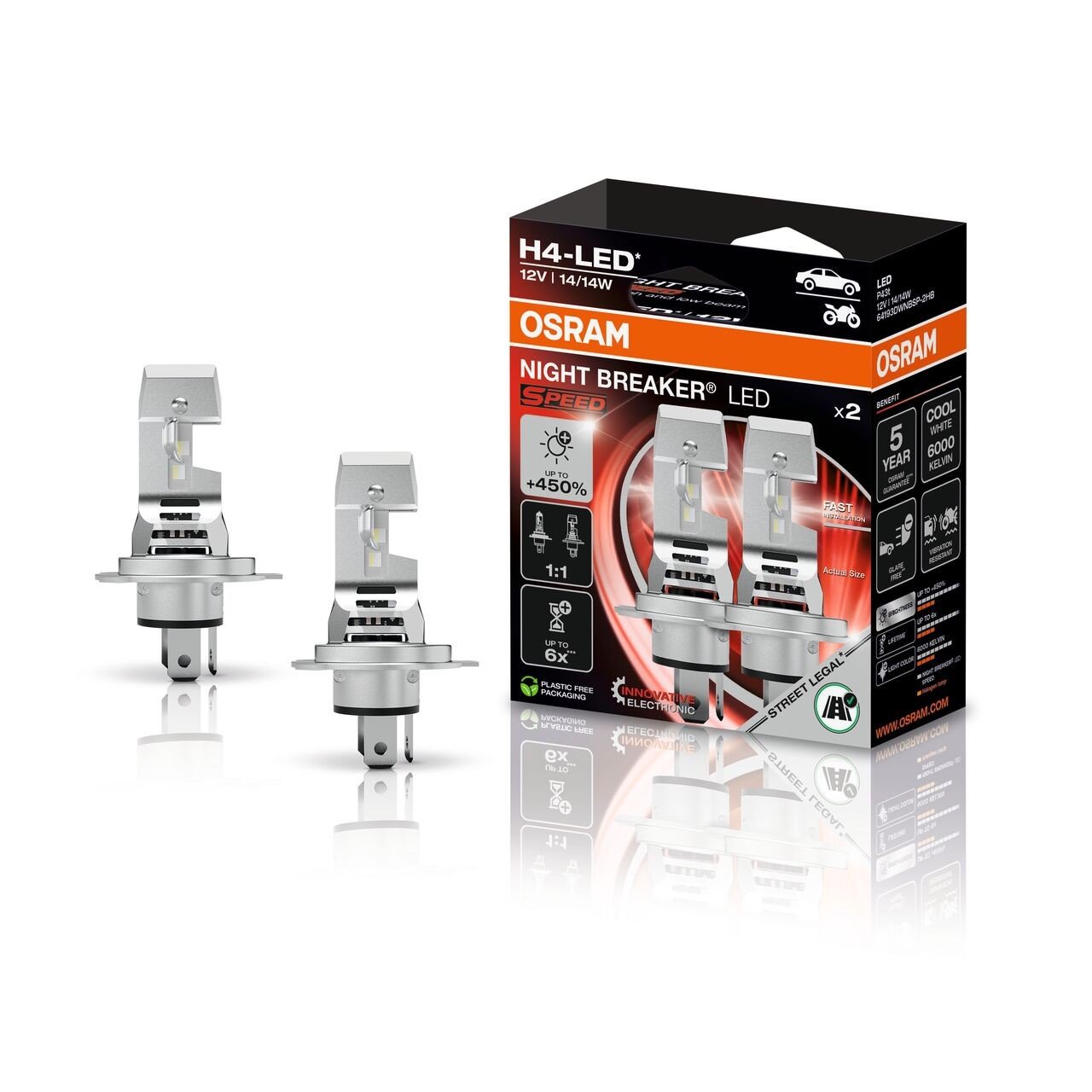 H4 NIGHT BREAKER LED SPEED 450 StVZO-Konforme LED-Nachrüstlampe 2St. OSRAM H4 NIGHT BREAKER LED SPEED 450 StVZO-Konforme LED-Nachrüstlampe 2St. OSRAM