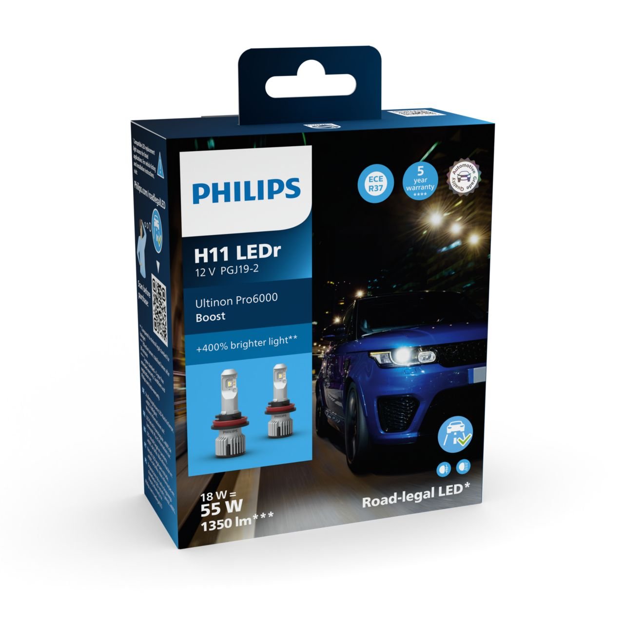 H11 12V 18W Ultinon Pro6000 Boost 5800K +400% mit Strassenzulassung 2St. Philips
